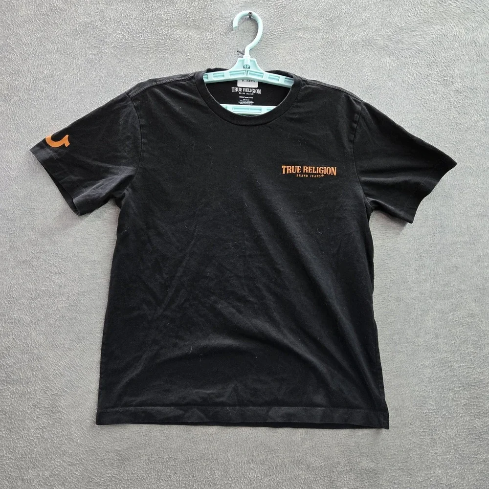 True Religion Men Shirt MEDIUM Black Graphic Print Buddha Guitar Logo